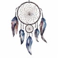 Watercolor dreamcatcher with feathers. Hand drawn illustration