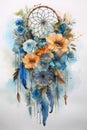 Watercolor, Dreamcatcher with flowers, boho chic, ethnic. Generative AI