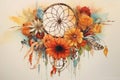 Watercolor, Dreamcatcher with flowers, boho chic, ethnic. Generative AI