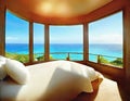Watercolor of Dreamlike bedroom with stunning ocean