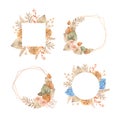 Watercolor dried tropical frames with leaves, gentle flowers and pampas. Botanical floral designs. Beige, green, orange palm