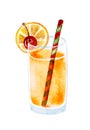 Watercolor drink cocktail in glass with orange slice and cherry, tequila sunrise beverage. Hand drawing not AI Royalty Free Stock Photo