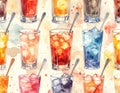 Watercolor Drinks Pattern - Refreshing Beverages in Vibrant Hues Royalty Free Stock Photo