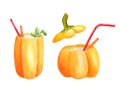 Watercolor drinks in pumpkin jars. Autumn seasonal cocktails with swizzle sticks. Hand drawn illustration isolated on