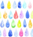 Watercolor drops of rainbow colors on white background. Hand-painted seamless pattern Royalty Free Stock Photo