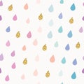 Watercolor drops seamless pattern background with gold glitter elements.