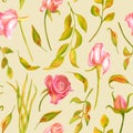 Watercolor dry flowers and autumn leaves seamless pattern. Hand drawn vintage texture on pastel yellow background. Romantic stock Royalty Free Stock Photo