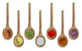Watercolor dry kitchen spices in wooden spoon: pepper, chili, curcuma, ginger, cardamom, nutmeg