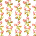 Watercolor dry rose bouquets seamless pattern. Hand drawn pale flowers and leaves in line. Vertical vintage floral texture