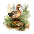 Watercolor duck and plants of lake. Hand drawn illustration Isolated on white background. Royalty Free Stock Photo