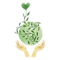 Watercolor Earth day love. Hands eco greenery clean planet illustration. Ecological icons and Logo design