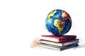 Watercolor Earth Globe on Stack of Books