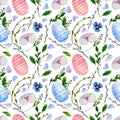 Watercolor Easter background. Seamless pattern with bunny, eggs and willow twig Royalty Free Stock Photo