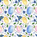 Watercolor Easter background. Seamless pattern with bunny, eggs and willow twig Royalty Free Stock Photo