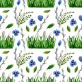 Watercolor Easter background. Seamless pattern with bunny green grass Royalty Free Stock Photo