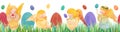 watercolor Easter banner, angels and agg on green grass. Spring border. Easter decor, seamless ornament. Royalty Free Stock Photo