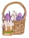 Watercolor Easter basket with eggs and willow, cake with lavender isolated on white background. For various products etc Royalty Free Stock Photo