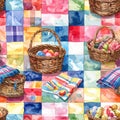 Watercolor Easter Baskets on Patchwork Quilt Seamless Pattern Royalty Free Stock Photo