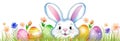 Watercolor Easter border with Easter bunny, eggs, flowers and green grass Royalty Free Stock Photo