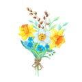 Watercolor Easter bouquet of daffodils, willow, green twigs.Spring flower arrangement with yellow and white narcissus