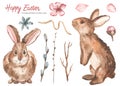 Watercolor Easter bunnies, hares, willow, spring flowers, twigs. Happy easter greeting card design