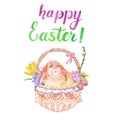 Watercolor Easter bunny in a basket, isolated on white background. hand painted Easter card