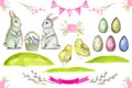 Watercolor Easter Bunny clipart Hand-painted colorful eggs, chicken, rabbit animals and flower decor cliparts. Royalty Free Stock Photo
