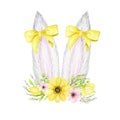 Watercolor Easter Bunny ears with floral crown, bow isolated yellow pink illustration on white background. Hand painted Royalty Free Stock Photo