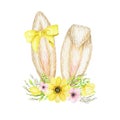 Watercolor Easter Bunny ears with floral crown, bow isolated yellow pink illustration on white background. Hand painted Royalty Free Stock Photo