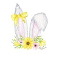 Watercolor Easter Bunny ears with floral crown, bow isolated yellow pink illustration on white background. Hand painted Royalty Free Stock Photo