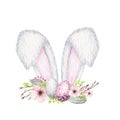 Watercolor Easter Bunny ears with floral crown and eggs isolated illustration on white background. Hand painted cartoon Royalty Free Stock Photo