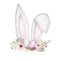 Watercolor Easter Bunny ears with floral crown and eggs isolated pink gray illustration on white background. Hand Royalty Free Stock Photo