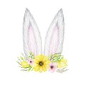 Watercolor Easter Bunny ears with floral crown isolated yellow pink illustration on white background. Hand painted Royalty Free Stock Photo