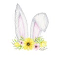 Watercolor Easter Bunny ears with floral crown isolated yellow pink illustration on white background. Hand painted Royalty Free Stock Photo