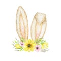 Watercolor Easter Bunny ears with floral crown isolated yellow pink illustration on white background. Hand painted Royalty Free Stock Photo