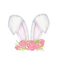 Watercolor Easter Bunny ears with pink floral crown isolated illustration on white background. Hand painted cartoon Royalty Free Stock Photo