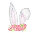 Watercolor Easter Bunny ears with pink floral crown isolated illustration on white background. Hand painted cartoon Royalty Free Stock Photo