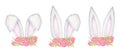 Watercolor Easter Bunny ears with pink floral crown set isolated illustration on white background. Hand painted cartoon Royalty Free Stock Photo