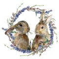 Watercolor Easter bunny with floral wreath. Hand painted rabbit with lavender, willow and tree branch isolated on white
