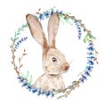 Watercolor Easter bunny with floral wreath Royalty Free Stock Photo