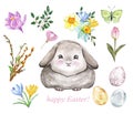 Watercolor Easter bunny illustration. Cute baby rabbit, eggs and spring flowers, isolated on white background Royalty Free Stock Photo