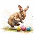 Watercolor Easter Bunny Playing Kickball with Eggs AI Generated