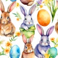 Easter bunnys, flowers and eggs, watercolor illustration.