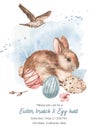 Watercolor easter card easter brunch and egg hunt with cute bunny, eggs, lark, flower. Happy easter greeting card Royalty Free Stock Photo