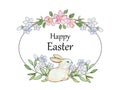 Watercolor Easter card with bunny. Banner with cherry and apple flowers.