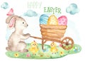 Watercolor Easter card with cute rabbit, wheelbarrow, eggs, chickens