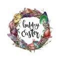 Watercolor easter card with eggs, flowers and lettering. Hand painted illustration with willow, tulip, feather and tree Royalty Free Stock Photo