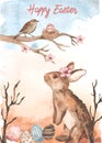 Watercolor easter card Happy easter with rabbit, nightingale, eggs on watercolor background