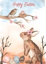 Watercolor easter card Happy easter with rabbit, nightingale, eggs on watercolor background Royalty Free Stock Photo