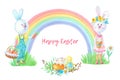 Watercolor Easter chicken,bunny with basket of carrots,easter cake on a multicolored rainbow background.